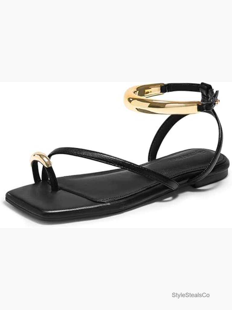 Strappy Flat Sandals Flip Flops Open Toe Ring Sandals Metal Ankle Strap Summer